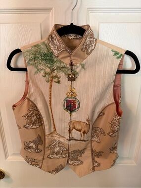 Silk Beige & Cream Printed Sleeveless Vest with Crest Detail